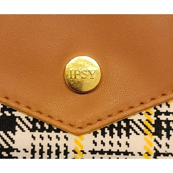 Ipsy Glam Bag Makeup Sept. 2021 Yellow Plaid GOLD button Foe Brown Leather flap - Picture 2 of 5